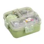 ATTRO Time to eat Kids Lunch Box with 3 Compartment Inner Steel, 1 Small Container & 1 Spoon Leakproof BPA Free Heating & Water Insulation Design- 1120ml+70ml Green