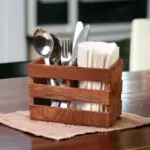 Green Wood Rustic Wooden Cutlery Holder, Utensil Organizer with Napkin Storage, Kitchen Table Caddy, Brown, 12 X 12 X 15 cm